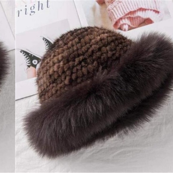 Mink Hat Real Fur Hat Knit Furry Womens Brown main image 8